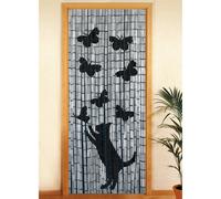 Rideau de porte en bambou à motifs chat et papillon - 90 x 200 cm - Gris