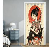 Rideau de Porte Occultant 3D Style Ukiyo-e Japonais 80x180cm | Effet Isolant Thermique, Samouraï Femme Soleil Rouge Séparation à Oeillets, pour Chambre d'Enfant et Porte Intérieure 1 Pièce