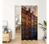 Rideau de Porte Occultant Effet Isolant Thermique Anti-Froid, Motif 3D Paysage Urbain Rétro Village Européen 86x203cm avec Oeillets, pour Chambre et Appartement 1 pièce D2831