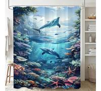 Rideau Douche bleu 200x250cm Rideau de Douche vue sur la mer Shower Curtain-Impression Polyester Tissu-avec œillets et 12 Crochets-Tissu Lavable en Machine-Imperméable-pour Salle de Bain-Hôtel J-230