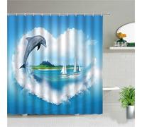 Rideau Douche Dauphin animal avec des Crochets Lavable Polyester Beau Imprimée Haute qualité Facile à Installer Nettoyer avec Ourlet Inférieur Lesté pour Domicile Cabine de Douche 230x180cm R-410