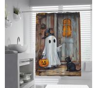 Rideau douche fantôme chat noir Halloween mignon W150xL180cm Porte maison vintage chapeau sorcière panier citrouille antimoisissure imperméable écrans baignoire pour pièce humide avec crochets