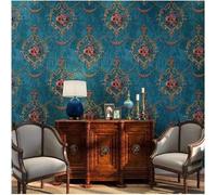 Rideau en non-tissé de luxe européen, style vintage, bleu, 0,53 x 10 m