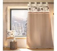 Rideau jacquard à œillets avec motif chalets et sapins Beige 140x260 cm