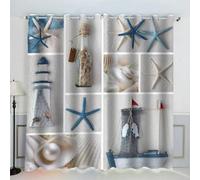 Rideau Occultant 3D Thème Marin - Impression Polyester, Phare, Étoile De Mer - Pour Chambre, Salon - Oeillets, Décor Intérieur - 220x215 cm LxH