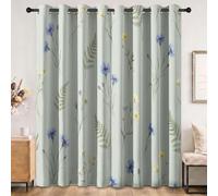 Rideau Occultant Aquarelle Minimaliste, Bleu Vert Doux Polyester Rideaux | Traitements de fenêtre Isolés Thermiquement Imprimés de Floral Feuilles De Fougère, 2 Pcs L117 x H183 cm Rideau pour Chambre