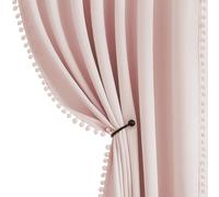 Rideau occultant avec pompons, rideau à anneaux rose, style cottage, rideau isolant, rideau occultant pour chambre de fille, salon, chambre à coucher - 2 pièces (rose, 140 x 225 cm)
