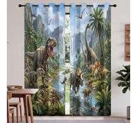 Rideau Occultant Aventure Fantastique, Dinosaures Montagnes Cascade Forêt Motif Rideaux Thermiques à Oeillets, Rideaux Imprimé pour Salon Chambre Fenetre Décoration, 70 X 160 cm (LxH), Lot de 2