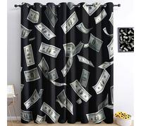 Rideau Occultant Billet de Banque en Dollars 3D Imprimé Occultants Polyester Rideaux Gris Salon Design Moderne Rideaux De Cuisine De Porte Fenêtre À Oeillets 75L X 166H cm (2 Panneaux)