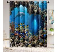 Rideau Occultant, Bord de Mer Monde sous-Marin, Rideau Thermique Isolant Oeillets, Dauphins Coraux Poissons Tropicaux Coquillages Isolation pour Chambre Salon, 117L X 138H cm (2 Panneaux)