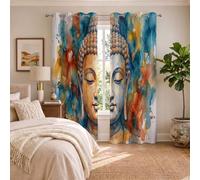 Rideau Occultant Bouddha Éclaboussé d'encre 75 X 166 cm, Rideaux Style Zen Aquarelle, Rideau Thermique Chambre Salon Fenetre, Lot De 2 Rideaux Et Draperies Intérieurs à Oeillets, Bleu Cyan