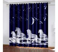 Rideau Occultant Chambre Lot De 2 - 140X160cm 3D Art Cheval Bleu Et Blanc Imprimé Rideaux Salon Opaque À Oeillets,Rideaux Grande Isolant Thermique Et Sonore, Décoration De Fenêtre