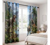 Rideau Occultant Dessin Animé Jungle Vert - Rideaux Thermique Motif Animaux Dinosaures Cascade Palmier, Rideaux Chambre Salon Fenetre, Lot de 2 Rideaux et Draperies à Oeillets, 150L x 280H cm