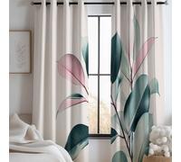 Rideau Occultant Feuilles Simples Et Élégantes Motif Rideaux Thermiques Anti Froid Imprimé pour Salon Chambre Fenetre Vert Rose Lot de 2 Rideaux, Draperies Intérieurs à Oeillets 150L X 280H cm