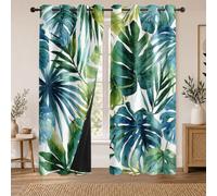 Rideau Occultant Feuilles Vert Rideaux Thermiques Feuilles La Jungle Tropicale pour Salon Chambre, Lot de 2 Rideaux et Draperies Intérieurs à Oeillets, 140x145 cm (LxH)