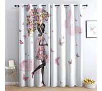 Rideau Occultant Fille De Fleur De Papillon, Rideaux Thermiques à Oeillets pour Salon Chambre Fenetre, Motif Enfant Adolescents Rideaux Lot De 2 Moderne Décoration De Fenêtre, 140x200 cm (L x H)