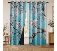 Rideau Occultant Fleur de Pêche Rideaux Thermiques Fleurs Bleu et Rose pour Salon Chambre, Lot de 2 Rideaux et Draperies Intérieurs à Oeillets, 140x260 cm (LxH)