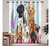 Rideau Occultant Imprimé Animaux Chiens Plantes Fleurs Enfant, Thermique Rideaux à Oeillets Motif Dessin Animé Mignon, Doux Polyester Rideaux pour Chambre Salon, 70 X 160 cm (LxH) (2 Panneaux)