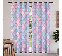 Rideau Occultant Imprimé Géométrie Formes en Éventail Écailles De Poisson, Thermique Rideaux à Oeillets Aquarelle Féerique, Doux Polyester Rideaux pour Chambre Salon, 140 X 260 cm (LxH) (2 Panneaux)