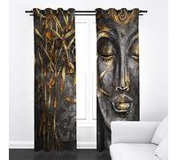 Rideau Occultant Isolant Thermique Statue de Bouddha feuilles de bambou Rideaux à Oeillets 3D Rideaux Occultants pour Chambre Salon Enfant Home Decorative Rideau de Fenêtre, 2 Panneaux, 183x214cm