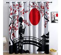 Rideau Occultant Isolants Thermiques À Oeillets Femme sous Le Cerisier, 110 x 215 cm Lot de 2 Rideaux Thermiques Isolants Anti Froid Imprimé pour Salon Chambre Bebe Enfant, Blanc