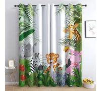 Rideau Occultant Jungle Dessin Animé Éléphant Tigre, Rideaux Thermiques à Oeillets pour Salon Chambre Fenetre, Motif Enfant Rideaux Lot De 2 Moderne Décoration De Fenêtre, 110x215 cm (L x H)