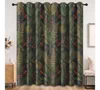 Rideau Occultant Jungle Tropicale, Lot de 2 Rideaux Occultant Thermique Isolant à Oeillets, Motif Oiseaux Fougères Feuilles de Palmier Baies Vert Olive, Chambre Salon Fenetre, 117L X 183H cm