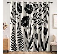 Rideau Occultant Moderne Art Populaire, Noir Blanc Doux Polyester Rideaux | Traitements de fenêtre Isolés Thermiquement Imprimés de Plantes Silhouettes Floral, 2 Pcs L117 x H183 cm Rideau pour Chambre