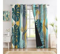 Rideau Occultant Monstera Deliciosa Feuilles De Palmier Rayures - Lot De 2 Rideaux Thermiques Isolants Anti Froid Plante Vintage Peinte À La Main Pour Salon Chambre Cuisine, 140 X 200 cm, Bleu-Vert