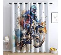 Rideau Occultant Moto Cross - Rideau Thermique Motif Garçon Pilote de Motocross, Rideaux Chambre Salon Fenetre, Lot de 2 Rideaux et Draperies Intérieurs à Oeillets, 117x137 cm (LxH) G&-234