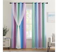 Rideau occultant pour chambre à coucher Double couche 86 x 114 cm en polyester avec voile Motif étoiles Porte coulissante Multicolore Gré/Bleu/Pur/86/114