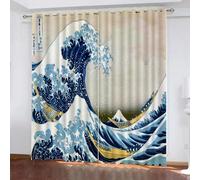 Rideau Occultant Style Japonais 3D Impression Polyester Rideau Vagues Japonaises Rideau Chambre Salon Rideaux Oeillets Décor Intérieur 220x215 cm LxH
