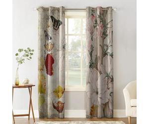 Rideau Occultant Vintage Fleurs Plantes Papillons 3D Imprimé Polyester Rideaux Occultants Opaque A Oeillets Salon Dr 60x120cm[151]