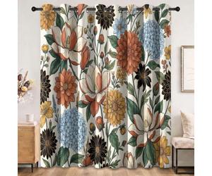 Rideau Occultant Vintage Nature Salon, Orange Bleu Doux Polyester Rideaux | Traitements de fenêtre Isolés Thermiquement Imprimés de Magnolia Floral Feuilles, L140 x H180 cm Rideau pour Chambre Cuisine