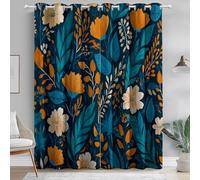 Rideau Occultants Fleurs rétro, Fond Bleu et Fleurs Orange Isolant Thermique Anti Froid en Chambre Salon pour Rideaux à Oeillets Bleu Orange Les bloquant la 140L X 260H cm (2 Panneaux)