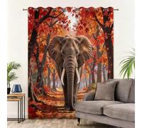 Rideau Occultants Motif imprimé 3D Opaque Thermique Isolant Rideaux Oeillet | Feuilles D'érable D'automne éléphant Decoration pour Chambre Salon Cuisine 140L x 245H cm (2 Panneaux)