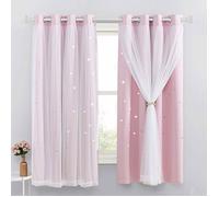 Rideau Rose Occultant - Lot de 1 Rideau Chambre Fille Etoiles Enfant avec Voilage Thermique Draperies Lumineux Bloquer pour