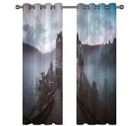 Rideau Salon Occultant 3D Château Gris-Bleu Dans Le Brouillard Motif Rideaux À Oeillets 140X160Cm 2 Panneaux Rideaux Grande Largeur Décoration De Fenêtre Pour Chambre, Isolant Thermique Et Phonique