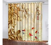 Rideau Salon Occultant 3D Paysage Doré De Style Chinois Motif Rideaux À Oeillets 150X160cm(Lxh) 2 Panneaux Rideaux Grande Largeur Décoration Fenêtre Chambre, Rideaux Isolant Thermique Et Phoniqu