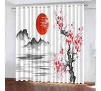 Rideau Style Japonais Fleurs De Cerisier Japonais Soleil Rouge Rideaux Occultant Chambre Fille Garcon 2 Pièces Rideaux Chambre Ado Isolation Thermique et Réduction Du Bruit Rideaux 200x160 cm LxH