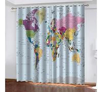 Rideau Thermique Occultant Isolant Anti Chaleur Et Anti Froid Fenetre Extérieur Grande Largeur 3D Carte Du Monde Colorée 200X214Cm Lot De 2 Rideau Salon Chambre Enfant Moderne Rideaux À Oeillets