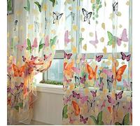 Rideau voilage - 2 pièce, brodé fleur papillon, œillets - Orange Vert Rose - Convient pour salon Étiquette