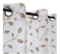 Rideau Voilage brodé Feuilles à œillets 140x240cm prêt à Poser, Blanc et broderie Doré, Dylrev