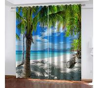 Rideaux Chambre Enfant Fille Garçon 3D Plage Soleil Vue Mer Rideau Occultant Thermiques Isolants Anti Chaleur Phonique Lot De 2 Rideau Fenetre À Oeillets 170X200Cm Rideaux Grande Largeur