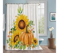 Rideaux de douche hydrofuges avec crochets, 91,4 x 182,9 cm (l x L), motif tournesols d'automne et de citrouilles, orange, citrouille, fleurs jaunes, grain de bois, lavable en machine