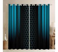 Rideaux de fenêtre géométriques bleus abstraits ombrés en nid d'abeille, rideaux de fenêtre à rayures hexagonales pour décoration de chambre d'enfant et de fille, 2 panneaux, rideaux de chambre à