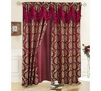 Rideaux de fenêtre Jacquard pour Salon et Chambre à Coucher - 137 x 213 cm - Ensemble de 2 Panneaux avec cantonnière attachée, Dos et 2 embrasses - Long Bordeaux - Design élégant et Fantaisie