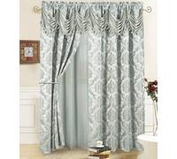 Rideaux de fenêtre jacquard pour salon et chambre à coucher - 137 x 213 cm (l x L) - Ensemble de 2 panneaux avec cantonnière attachée, dos et 2 embrasses, motif fantaisie (gris argenté)