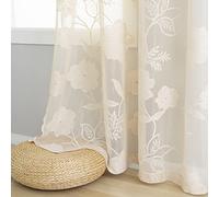 Rideaux en dentelle beige transparents 137 cm avec motif floral brodé vintage en tricot de rose - Rideaux semi-transparents à feuilles rétro chic campagnard pour la chambre et le salon - Plis à crayon