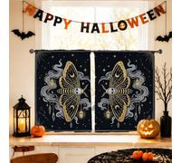 Rideaux gothiques à étages pour cuisine, cuisine, salle à manger, salle de bain, 61 x 66 cm, motif papillon de nuit, lanterne effrayante, tête de mort, noir
